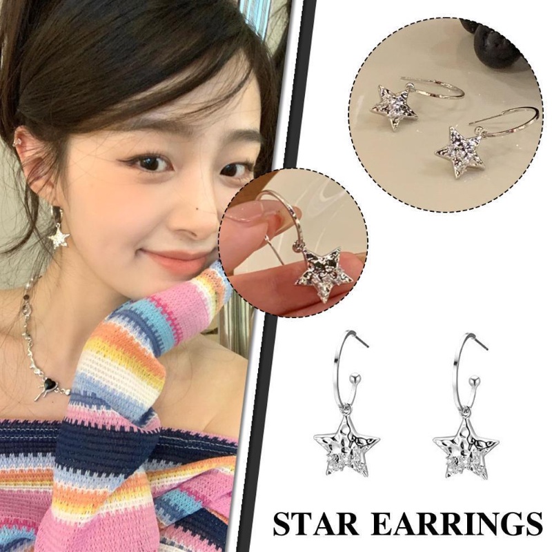 Ins Gaya Temperamen Bentuk Bintang Menjuntai Anting Untuk Wanita/Minimalis Perak Pentagram Berlian Imitasi Drop Earrings Perhiasan Fashion