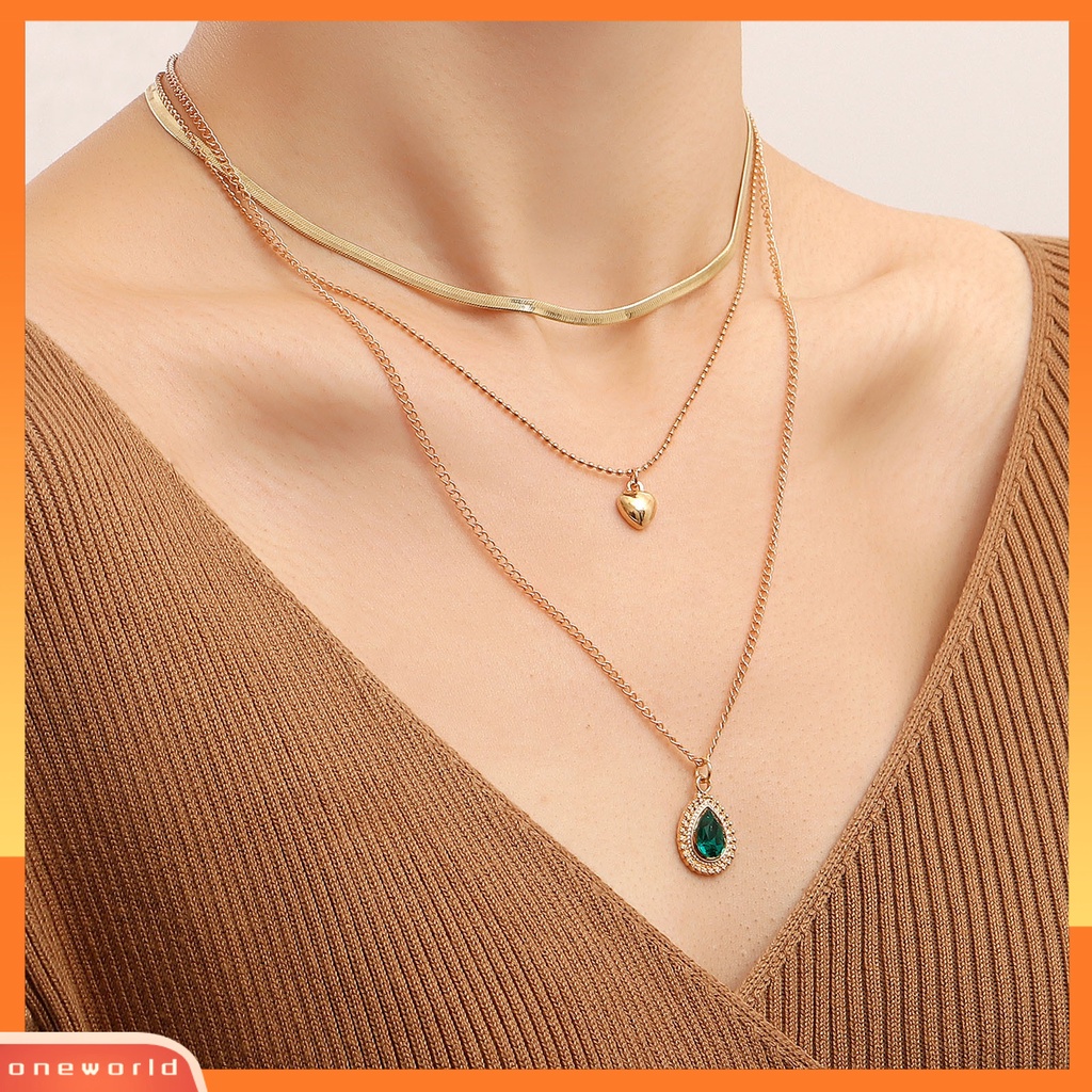 [ONE] Adjustable Ekstensi Rantai Jantung Liontin Wanita Kalung Permata Imitasi Liontin Multilayer Pesona Kalung Pesta Perhiasan