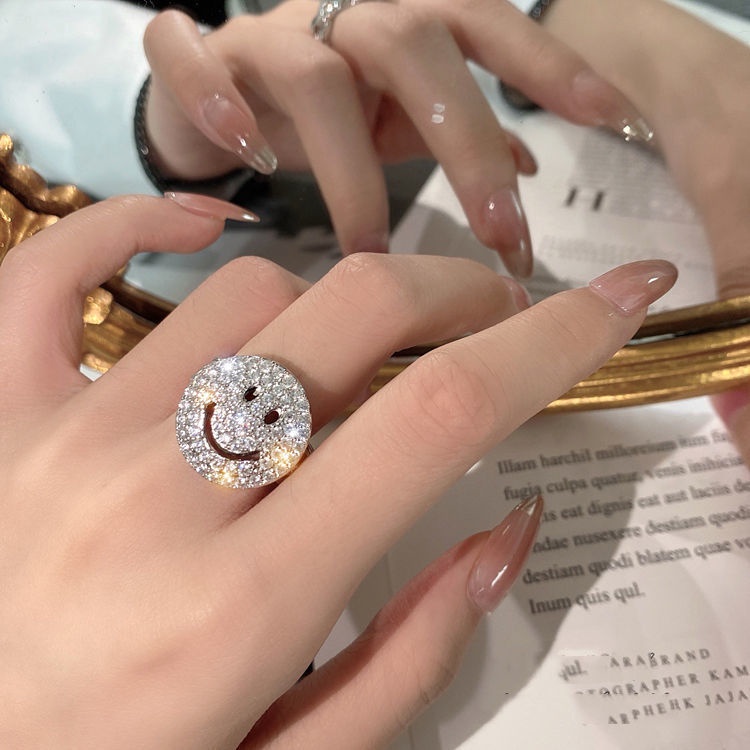 Smiley Face Cincin Perempuan Jepang Korea Kepribadian Trendi Berlebihan Berlian Cincin Terbuka Gadis Jantung ins Jari Telunjuk Cincin Ekor Cincin