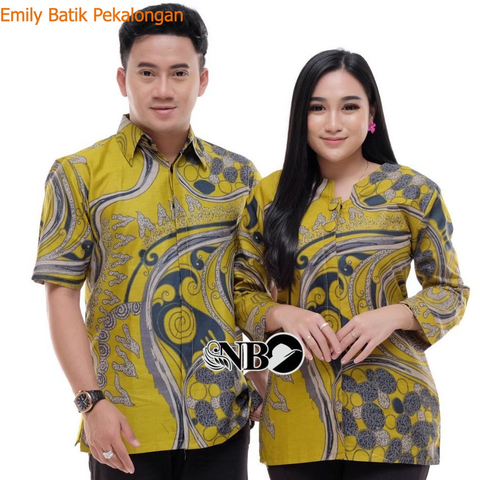 Baju Batik Couple Pasangan Motif Watu Mili Kuning Lengan Pendek Katun