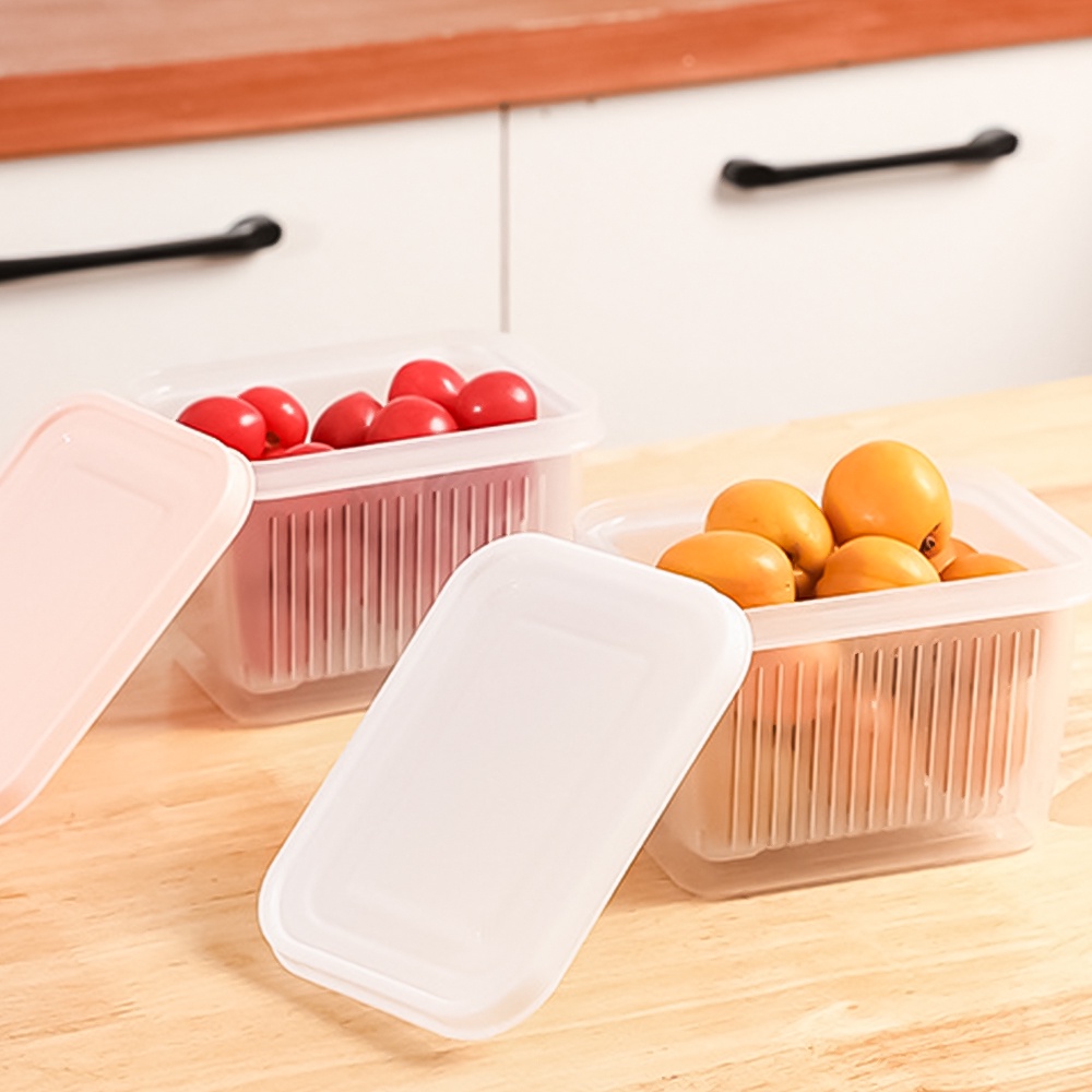 Double-layer Fresh-Keeping Drainage Case Wadah Penghemat Produksi Buah Sayuran Bumbu Dapur Kotak Penyimpanan Reusable Refrigerator Oragnizers Dengan Keranjang Saluran Yang Dapat Dilepas