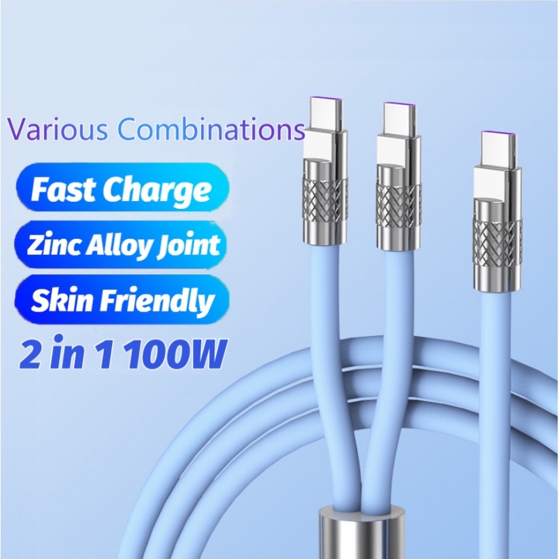 Baru 2in1 100W 6A Kabel Pengisian Super Cepat Untuk IPhone Huawei Family Bucket Type C Cable Liquid Silicone Charge Cable Bold 6.0mm Data Line