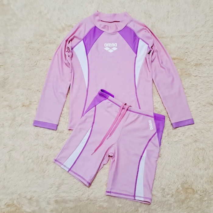 ONE SET SETELAN BAJU RENANG ARENA JUNIOR ANAK CEWEK PEREMPUAN SWIMWARE SWIMSUIT PINK SIZE 10 11 12 T