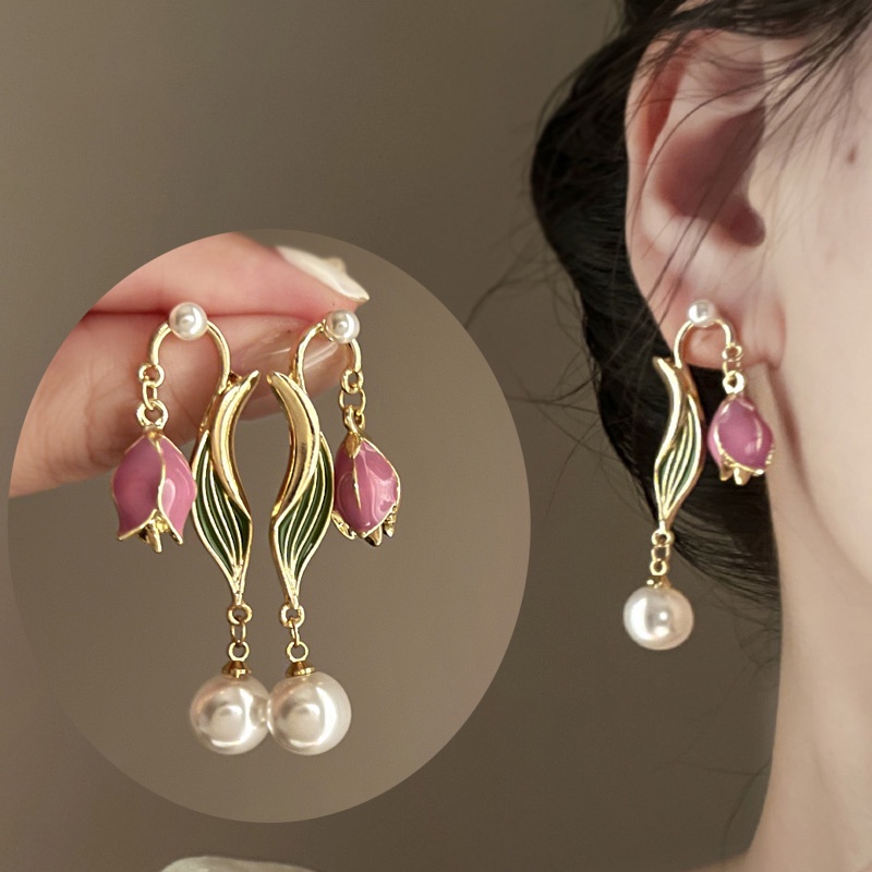 Romantic Tulip French Retro Tetes Minyak Bunga Mutiara Classy Earrings