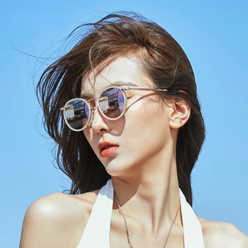 (YUZHU) Vintage Bingkai Bulat INS Gaya Kacamata Hitam Korea Fashion Bingkai Logam Kerai Sunglasses Untuk Wanita