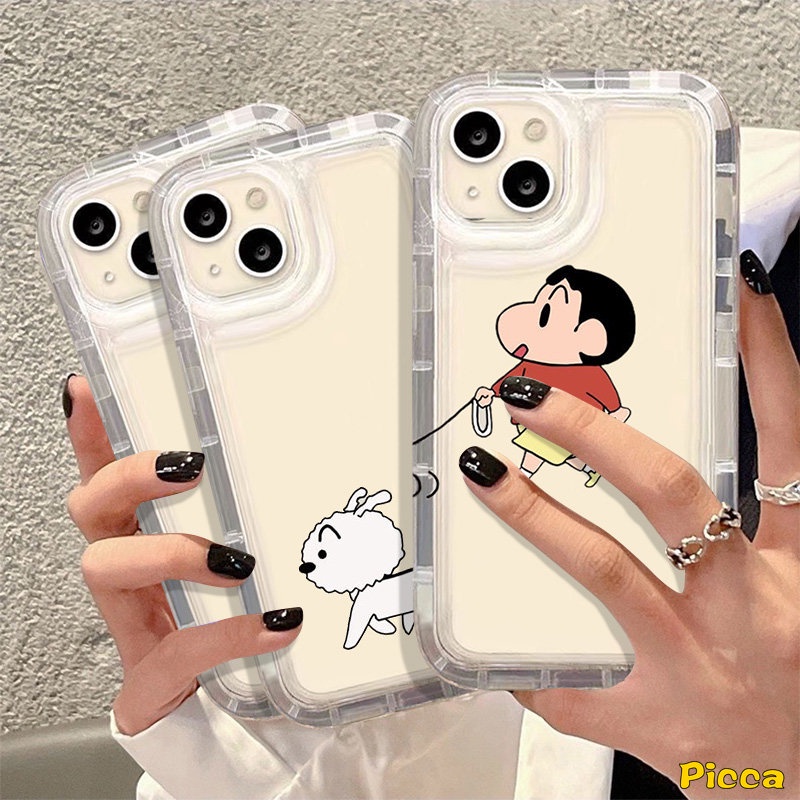 IPHONE Kartun Pasangan Lucu Airbag Shockproof Clear Case Kompatibel Untuk Iphone11 12 14 13 Pro MAX 7 6S 6 8 Plus XR XS X MAX Cute Crayon Shin-chan Nohara Shiro Soft Lovers Phone Cover