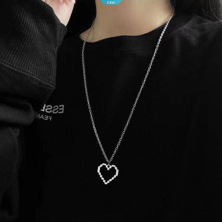 Cinta Hati Puzzle Anti Karat Kalung Wanita/ Pria Mosaik Hitam Jantung Cut-out Pixel Peach Heart Pendant Necklace Jewelry [ZK]