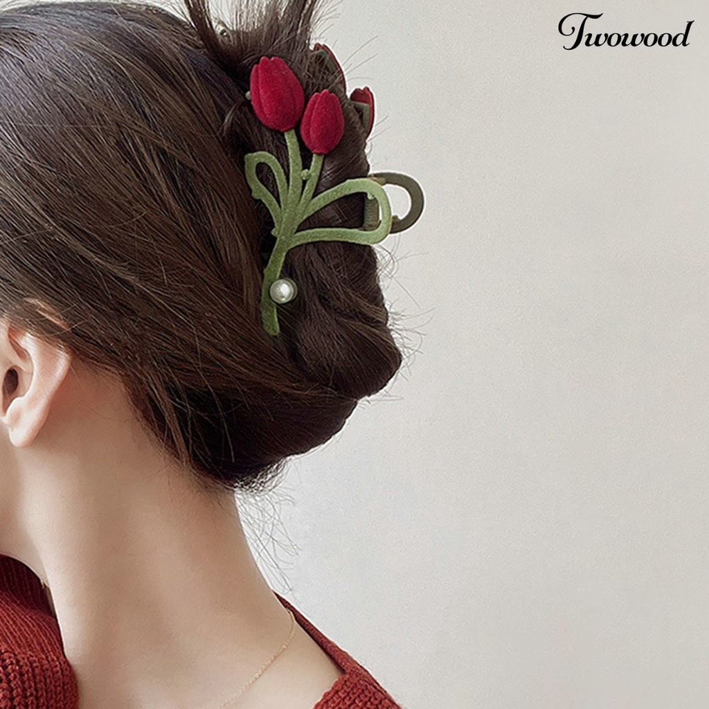 Twowood Women Hair Gripper Great Fidelity Bentuk Tulip Mutiara Imitasi Berongga Keluar Warna Kontras Hiasan Rambut Bunga Hidup Dengan Gigi Hair Claw Hiasan Rambut