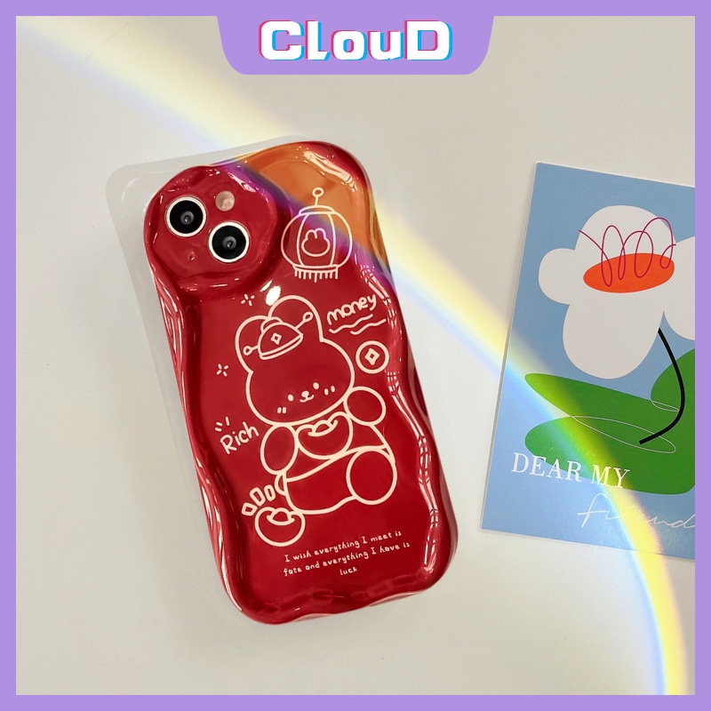 Casing Ponsel 3D Wavy Curved Edge Glossy Red Checkerboard Kompatibel Untuk IPhone 6S 76 8 Plus SE 2020 11 13 12 14 Pro MAX 7Plus XR XS X MAX Kartun Tahun Baru Yang Kaya Lucu Kelinci Cover