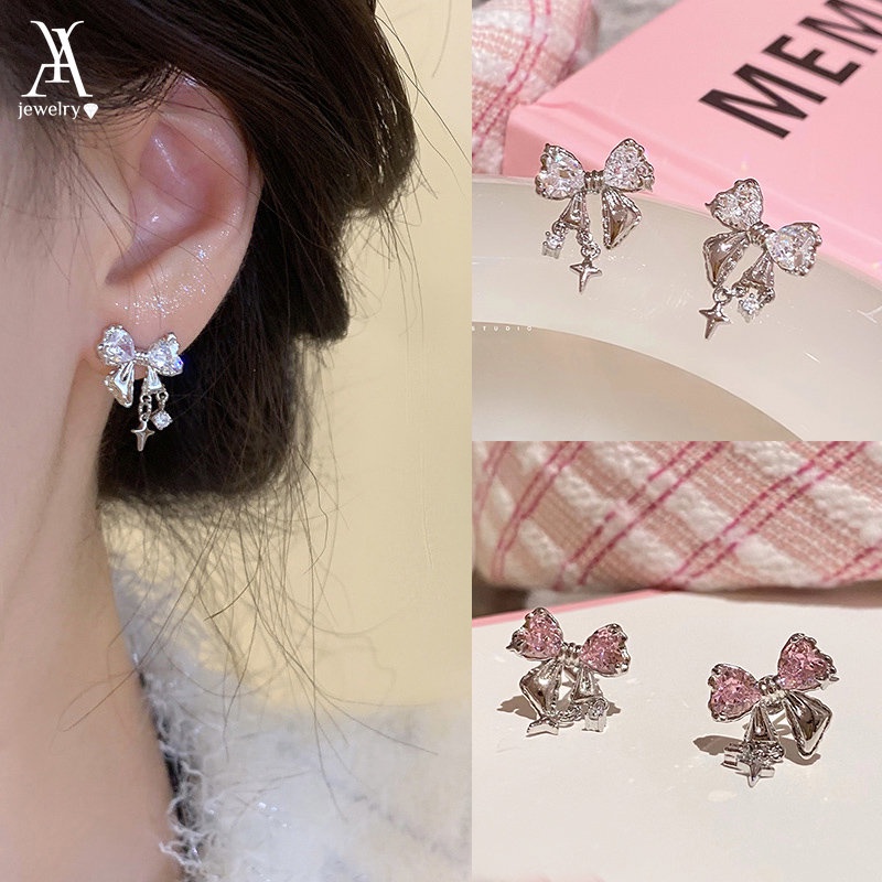 Ay(cn) Anting Zirkon Busur Hati Elegan Untuk Wanita Kristal Perak Stud Earring Perhiasan Aksesoris