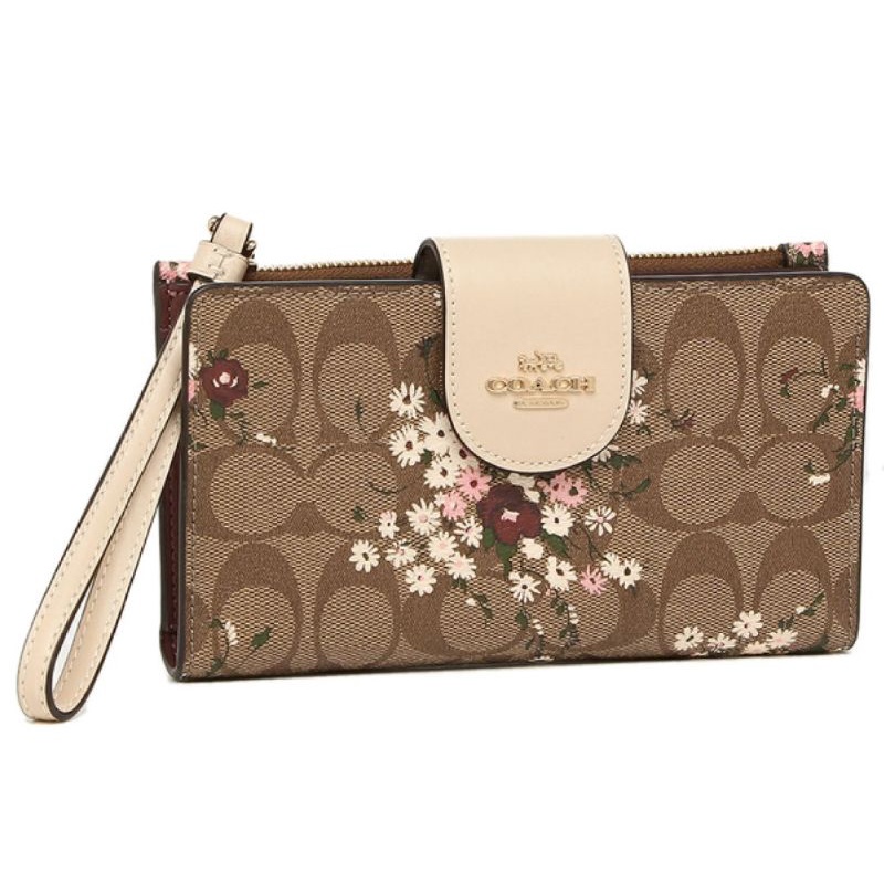 Coach Tech Phone Wallet Signature With Evergreen Floral (C3722)