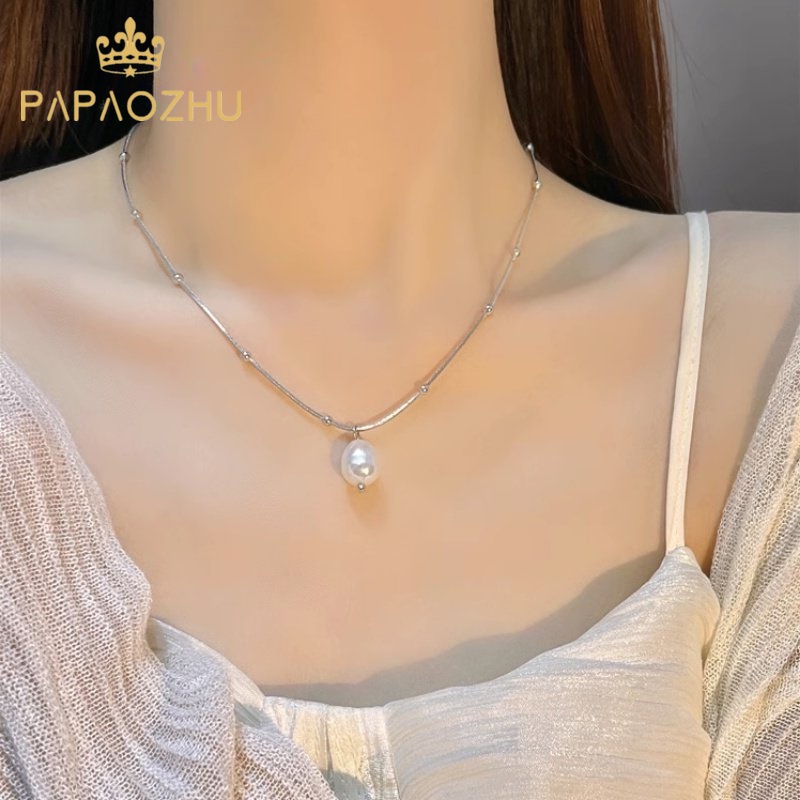 Papaozhu Vintage Tidak Teratur Mutiara Besar Liontin Kalung Untuk Wanita Gadis Korea Elegan Pendek Rantai Kalung Perhiasan Hadiah