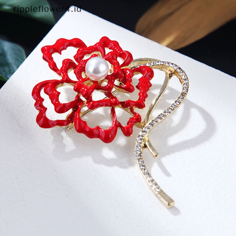 {rippleflower4.id} Bros Bunga Merah Mutiara Klasik Tanaman Bros Pin Aksesoris Perhiasan Wanita~