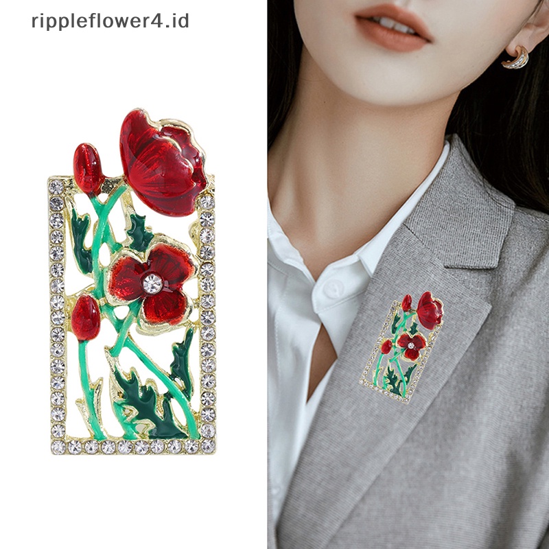 {rippleflower4.id} Bros Bunga Cantik Untuk Wanita Enamel Merah Desain Bingkai Tanaman Pesta Kantor Brooch Pin Hadiah~