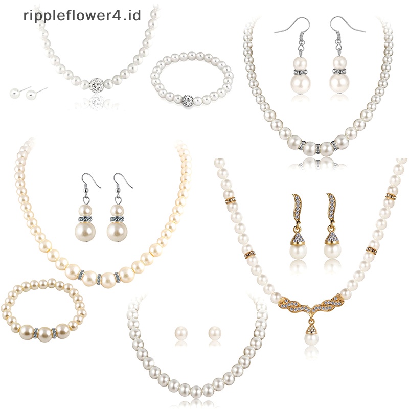 {rippleflower4.id} Fashion Wanita Pengantin Pesta Pernikahan Mutiara Kalung Anting Gelang Set Perhiasan Dekorasi~