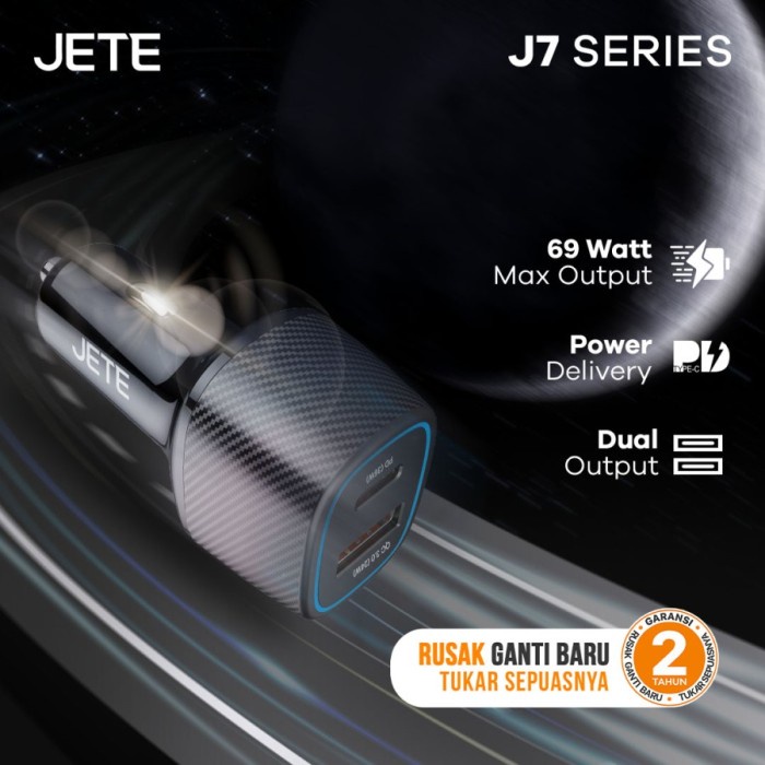 JETE J7 Car Charger Fast charging 69W Type C PD &amp; QC 3.0 - Garansi 2th