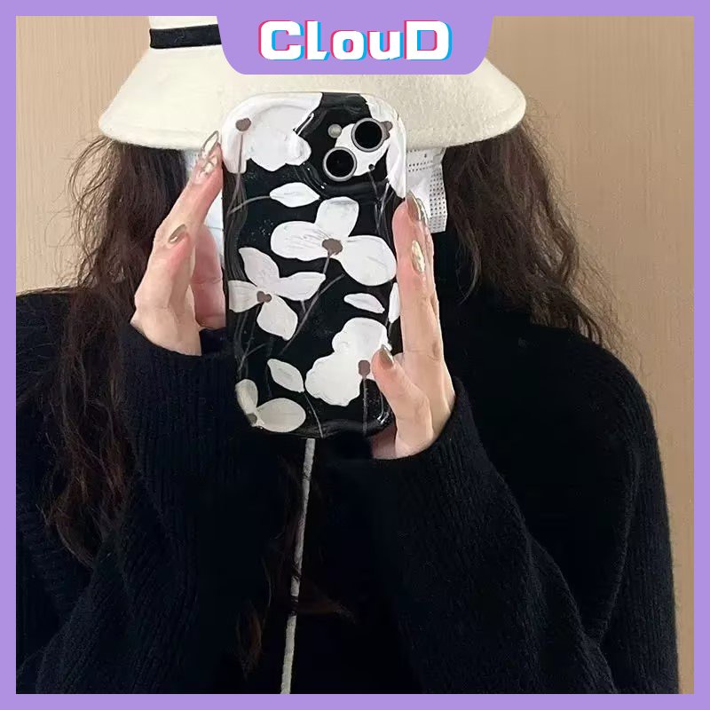 Case Bunga Segar Seni Hitam Untuk OPPO A96 A53 A3s A1k A16 A55 A17k A76 A17 A15 A16K A74 A12 A54s A9 A5 A5s A54 A31 A16s A52 A77s A92 A16E A95 A77 A57 3D Wavy Curved Edge Soft Cover