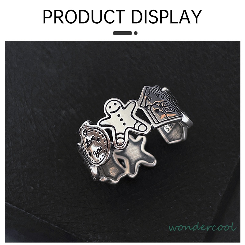 Grafiti Perak Gingerbread Man Cincin Terbuka Adjustable Ring Retro Korea Vintage Gaya Untuk Pria Dan Wanita-Won