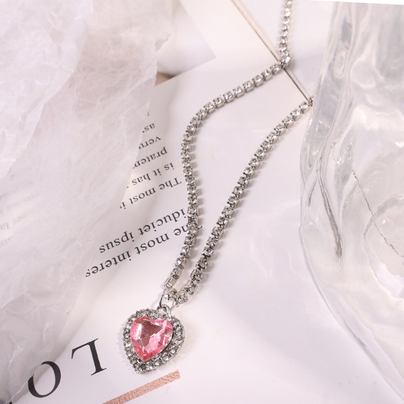 Wanita Manis Merah Muda Hati Liontin Kalung Wanita Vintage Elegan Kristal Klavikula Rantai Kalung Gadis Korea Fashion Choker Necklace Aesthetic Perhiasan Aksesoris