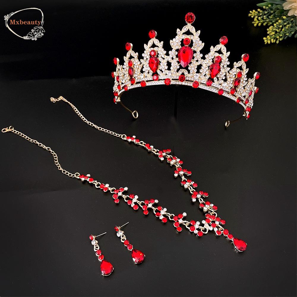 Mxbeauty Set Perhiasan Mahkota Pernikahan Hadiah Ulang Tahun Perhiasan Pesta Mengkilap Elegan Berlian Bertatahkan Berlian Imitasi Kristal Mahkota Kalung Anting Set