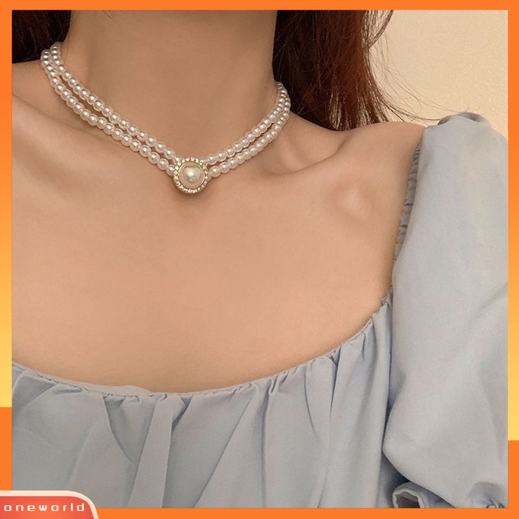 [WOD] 1set Kalung Pengantin Gaya Perancis Vintage Temperamen Double Layer Hadiah Elegan Hypoallergenic High Gloss Mutiara Imitasi Anting Cincin Perhiasan Pernikahan