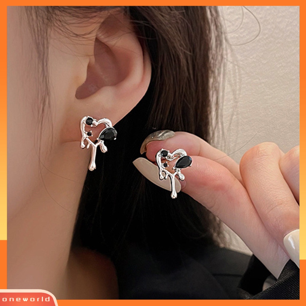 [WOD] 1pasang Wanita Anting Hitam Jantung Pesona Busana Harian Berlian Imitasi Tindik Studs Earring Pesta Perhiasan Hadiah Fashion Jewelry