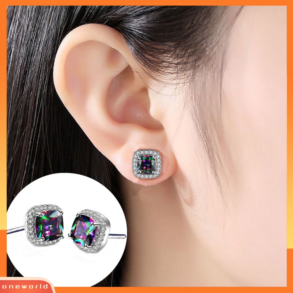 [WOD] 1pasang Anting Wanita Pengerjaan Halus Mewah Geometris Mata-catching Tahan Luntur Telinga Liontin Aksesori Wanita Pelangi Square Earrings Untuk Pesta