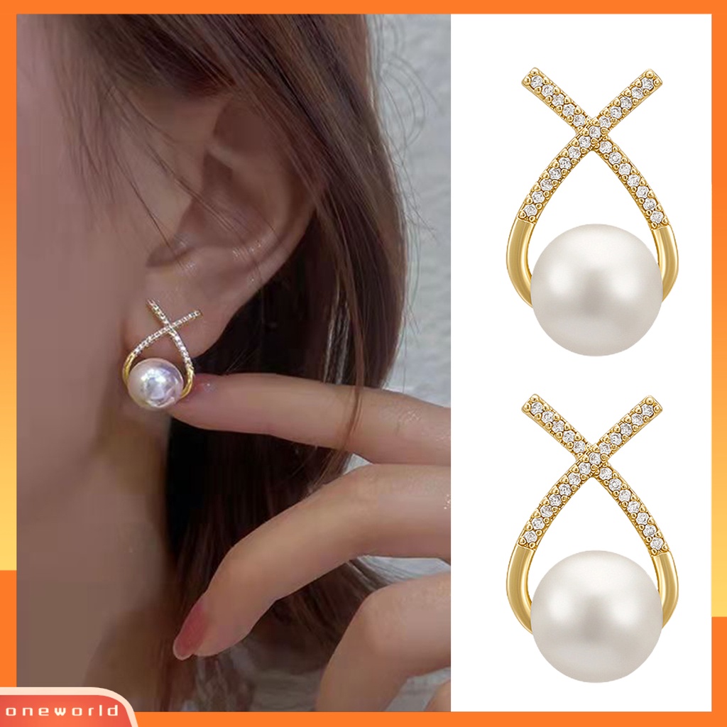 [WOD] 1pasang Anting Stud Desain Salib Temperamen Berlian Imitasi Mengkilap Berkilau Semua Pertandingan Dekorasi Hadiah Ulang Tahun Wanita Mutiara Imitasi Ear Studs Perhiasan Pernikahan Untuk Perjamuan