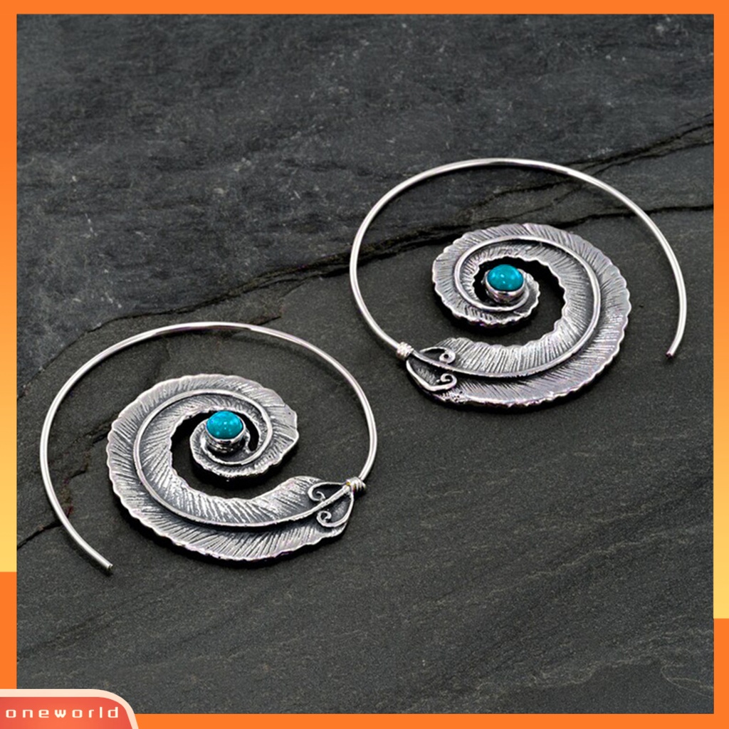 [WOD] 1pasang Anting Hoop Vintage Boho Faux Turquoise Geometris Bulat Dekorasi Ukir Wanita Spiral Bulu Menjuntai Anting Pesona Perhiasan Untuk Pakaian Sehari-Hari