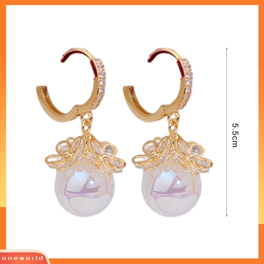 [WOD] 1pasang Menjuntai Anting Berlian Imitasi Mengkilap Inlay Mutiara Imitasi Liontin Gaun Elegan Paduan Perhiasan Wanita Bunga Hoop Drop Earrings Perhiasan Pesta Pernikahan