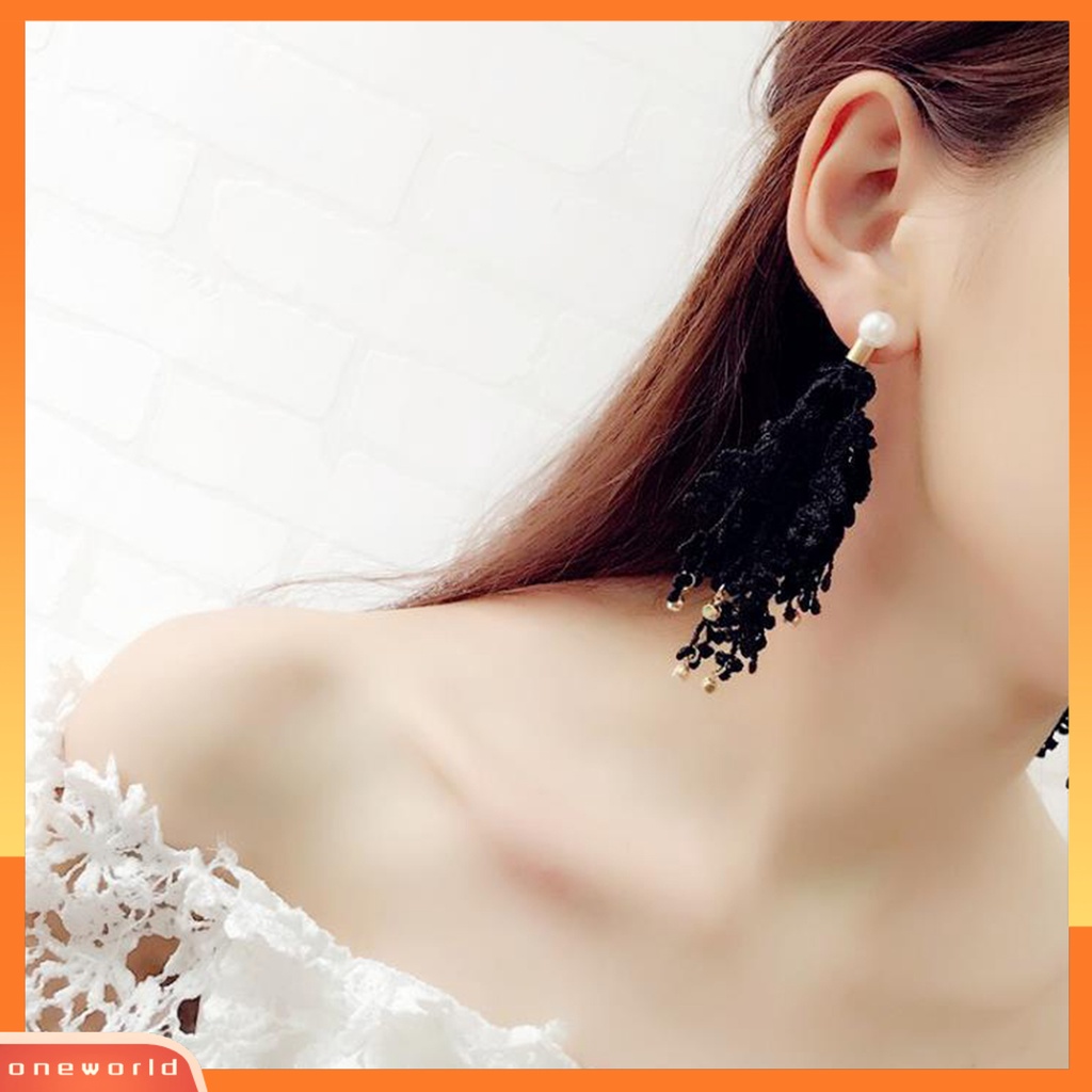 [WOD] B253 Drop Earrings Anti Alergi Hias Glittery Temperamen Wanita Rumbai Pita Mutiara Imitasi Anting Panjang Untuk Pacaran