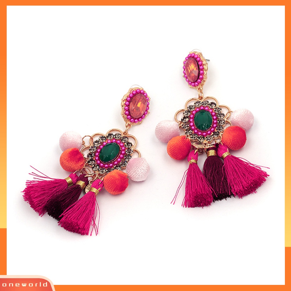 [WOD] Wanita Berlian Imitasi Bunga Pompom Rumbai Menjuntai Ear Stud Earrings Pernyataan Perhiasan