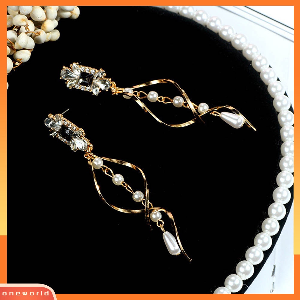 [WOD] Lady Mutiara Imitasi Berlian Imitasi Memutar Rumbai Panjang Menjuntai Ear Stud Earrings Jewelry