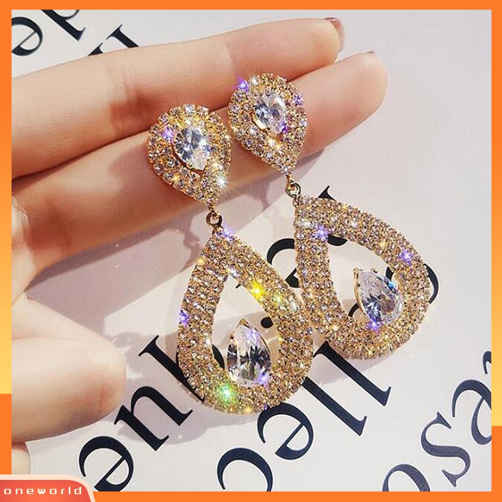 [WOD] Wanita Elegan Berlian Imitasi Jantung Teardrop Menjuntai Ear Drop Earrings Perhiasan Pesta