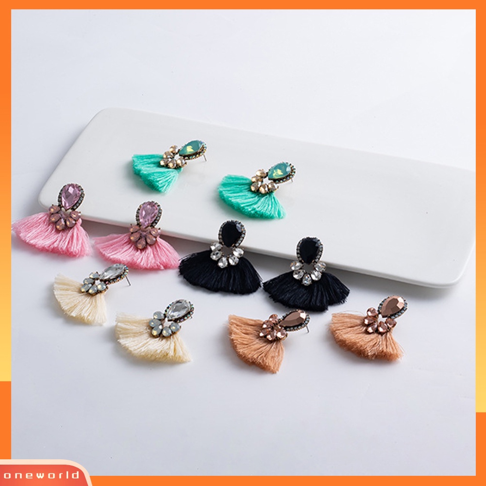 [WOD] Wanita Tetesan Air Berlebihan Berlian Imitasi Bentuk Kipas Rumbai Stud Earrings Jewelry