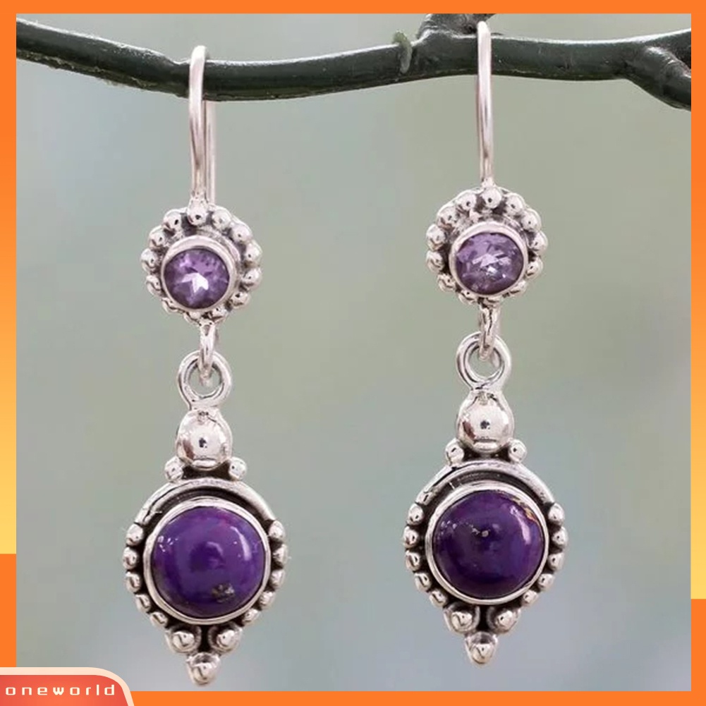 [WOD] Vintage Wanita Imitasi Amethyst Batu Bulat Menjuntai Kait Anting Perhiasan Pesta