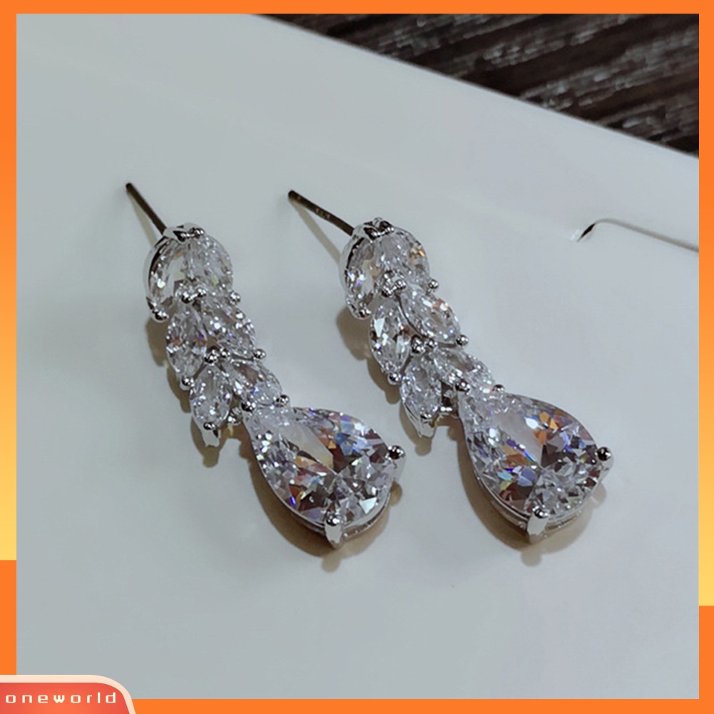 [WOD] Wanita Fashion Pesta Daun Bentuk Tetesan Air Cubic Zirconia Pendant Stud Earrings