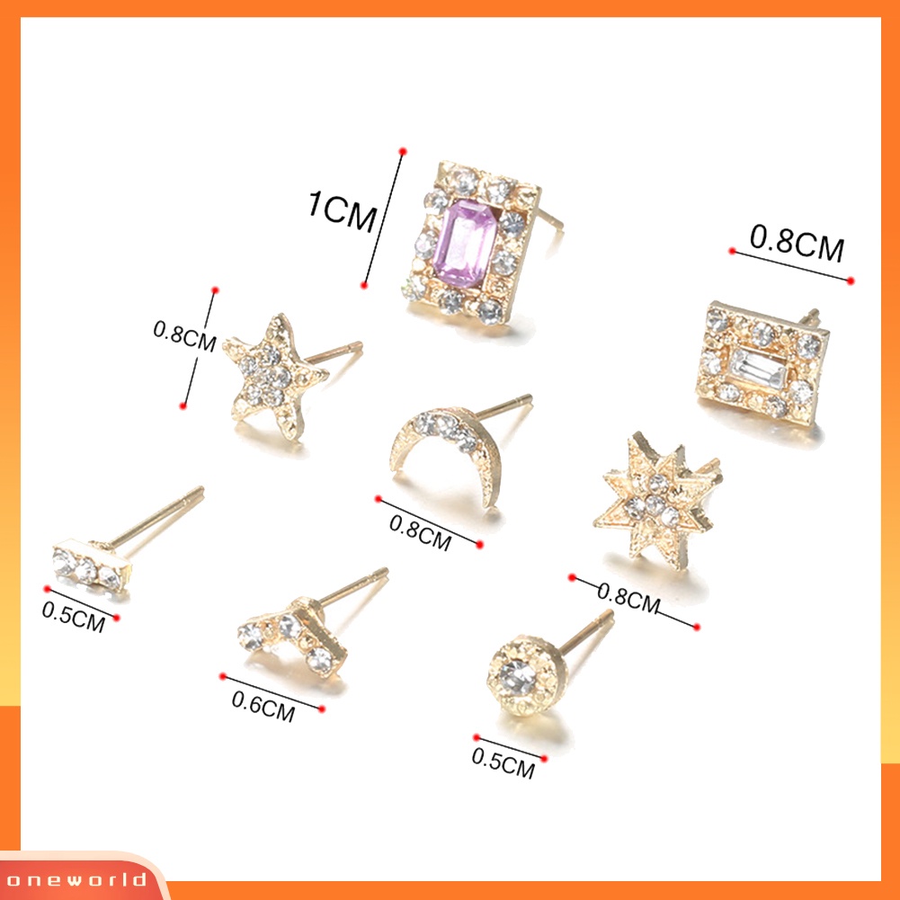 [WOD] 7pasang Matahari Bintang Bulan V-shaped Square Berlian Imitasi Stud Earrings Set Lady Jewelry