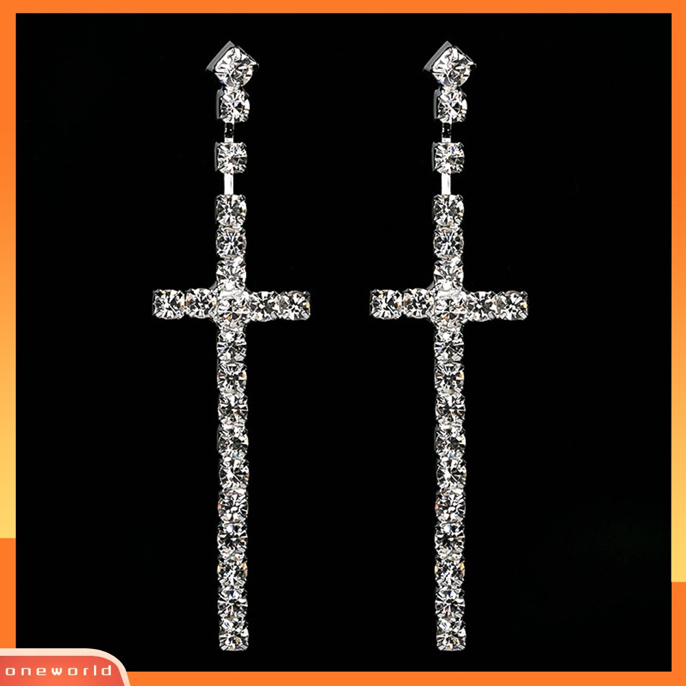 [WOD] Berlian Imitasi Wanita Liontin Salib Baris Tunggal Ganda Menjuntai Eardrop Stud Earrings