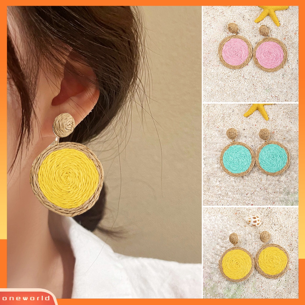 [WOD] 1pasang Anting Menjuntai Anyaman Rotan Warna Cerah Bulat Wanita Drop Earrings Aksesoris Perhiasan Untuk Liburan