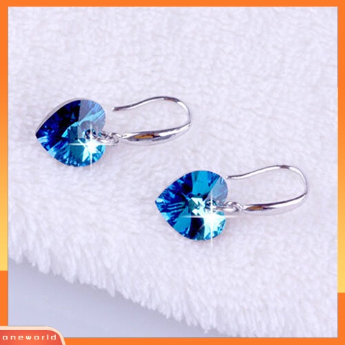 [WOD] Wanita Hati Biru Berlian Imitasi Alloy Ear Hook Menjuntai Eardrop Earrings