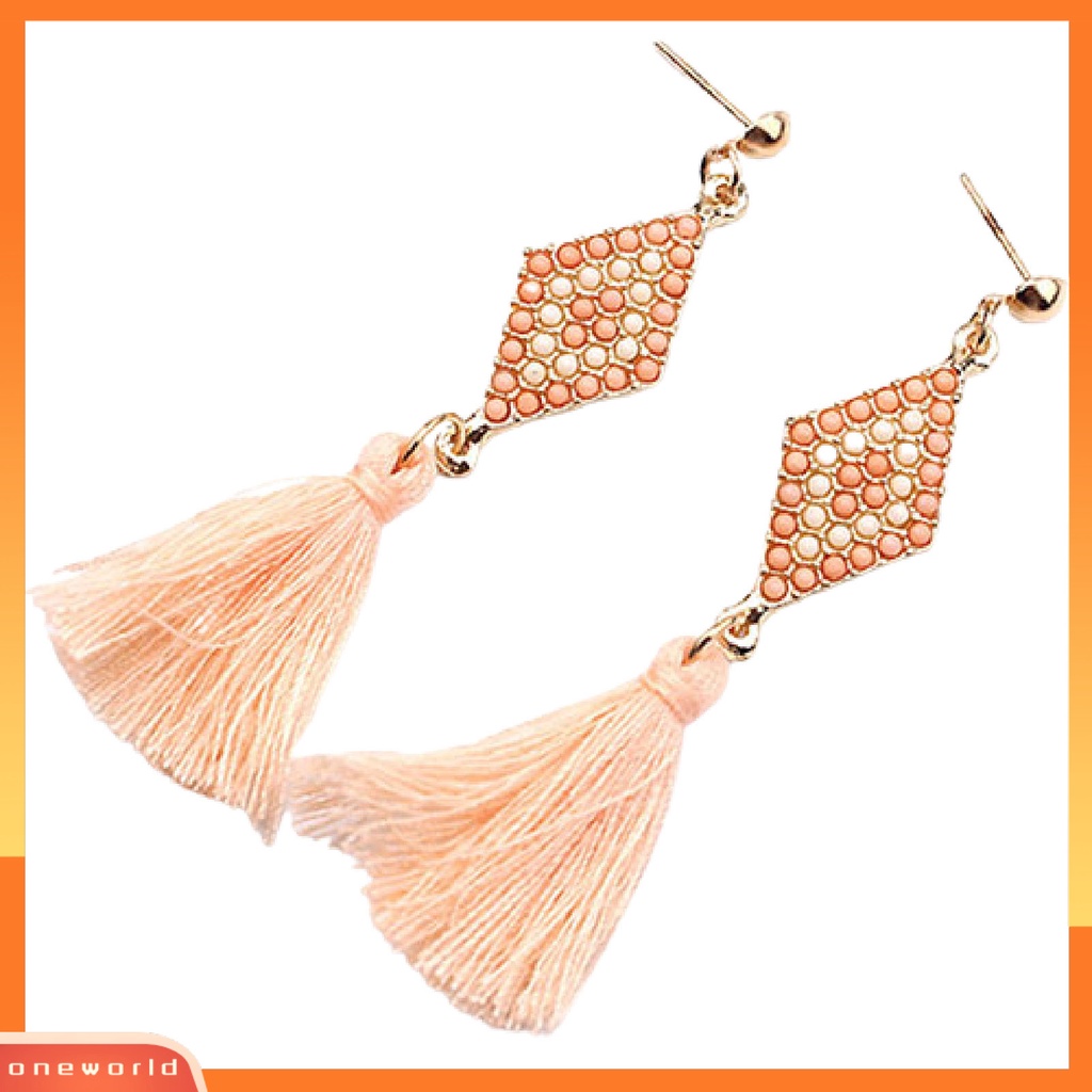 [WOD] 1pasang Ear Studs Gaya Folk Elegan Bentuk Rhombic Thread Fringed Earrings Untuk Hadiah