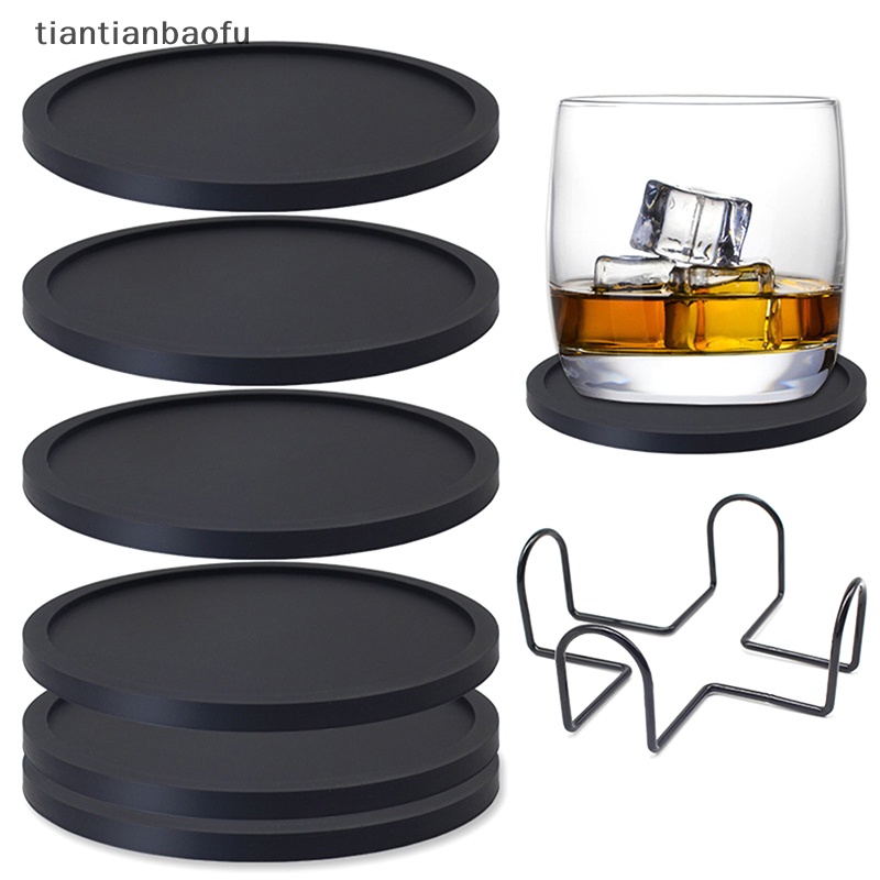 [tiantianbaofu] Tatakan Gelas Silikon Gelas Bulat Set Isi 6pcs Tatakan Gelas Kaca Dengan Holder Glass Coaster Set Silicone Coaster Non-Slip &amp; Washable Butik