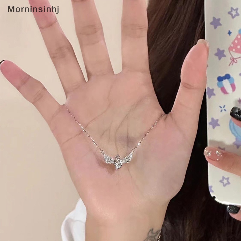 Mornin Gaya Korea Fashion Kristal Hati Sayap Liontin Kalung Warna Silver Mahkota Rantai Klavikula Untuk Wanita Pernikahan Perhiasan Aesthetic id