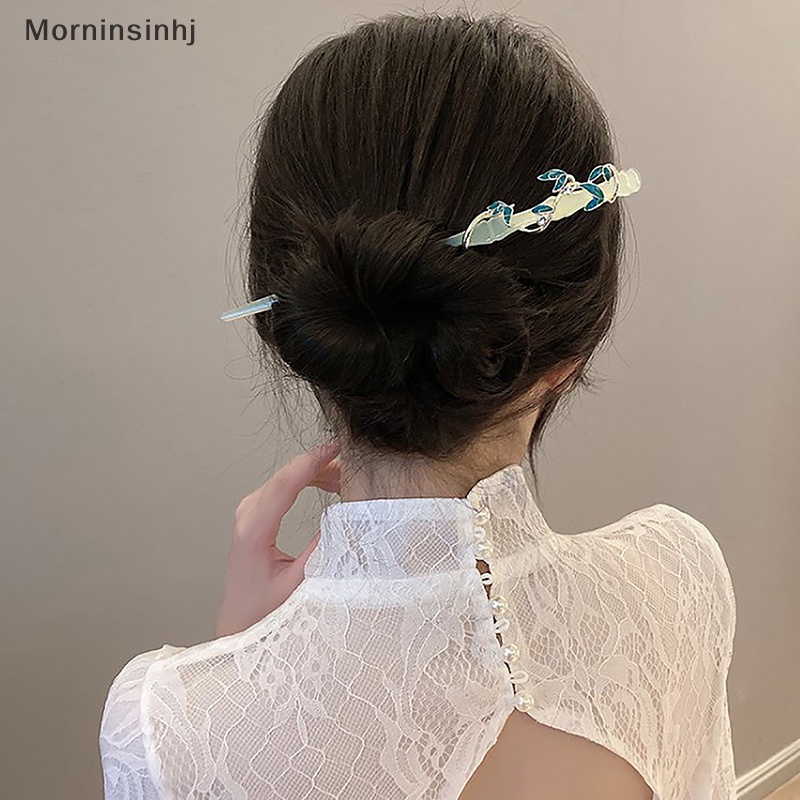 Mornin Korea Cina Hanfu Bambu Kristal Jepit Rambut Daun Hair Stick Gadis Hiasan Kepala Zirkon Braided Hair Clip Wanita Elegan Retro Akrilik id