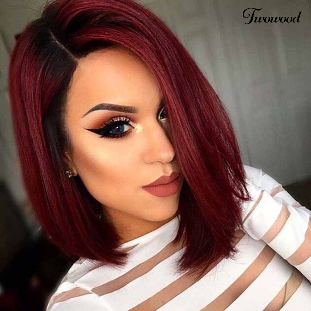 Twowood Perempuan Merah Gradien Rambut Lurus Serat Suhu Tinggi Matte Wig Sopak