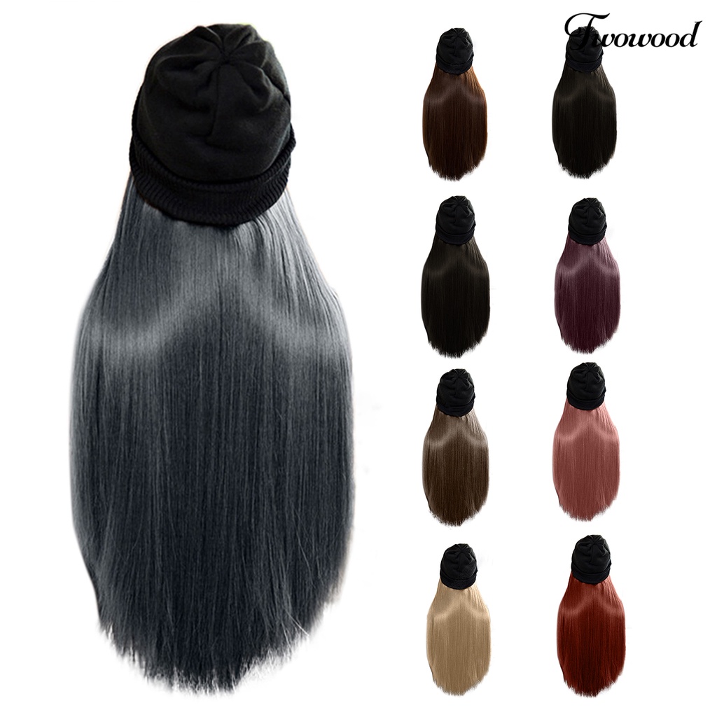 Twowood Wanita Wig Bahan Mesh Dalam Halus Dengan Topi Beanies Hat Wig Rajut Lurus Untuk Perempuan