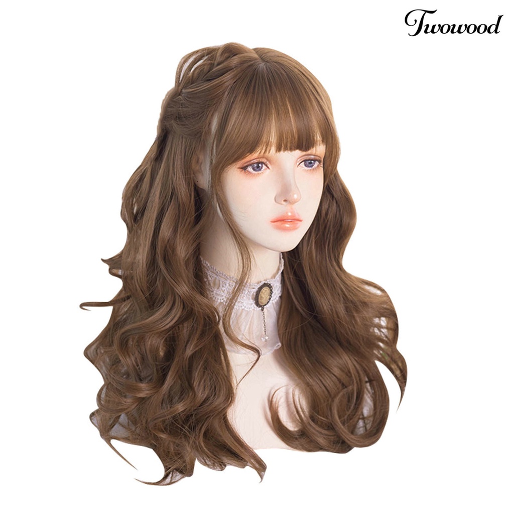 Twowood 1set Wig Wanita No Perm Berbulu Tidak Jatuh Halus Styling Rambut Cakupan Penuh Mid Length Rambut Keriting Wig Dengan Poni Digunakan Wanita