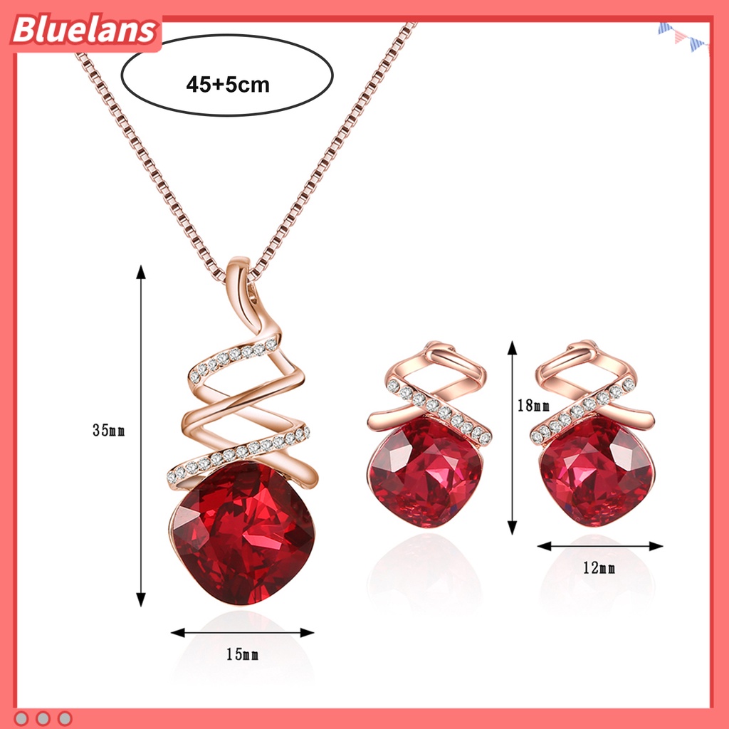 [BLS] 1set Wanita Kalung Geometris Cubic Zirconia Memutar Elegan Merah Persegi Berlian Imitasi Bertatahkan Stud Earrings Kit Fashion Perhiasan