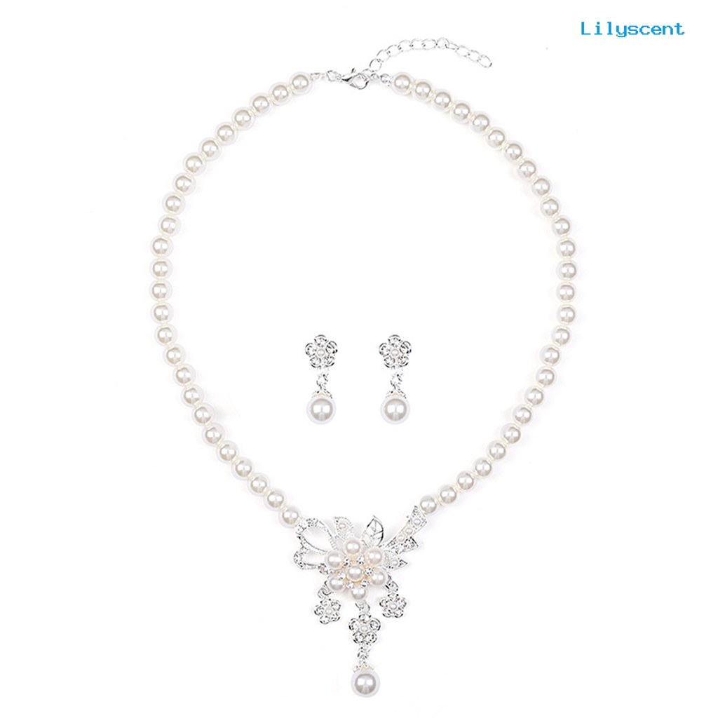 [LS]1 Set Wanita Kalung Manik-Manik Glossy Mutiara Imitasi Berlian Imitasi Tertanam Bunga Pengantin Kalung Stud Anting Kit Pernikahan Perhiasan